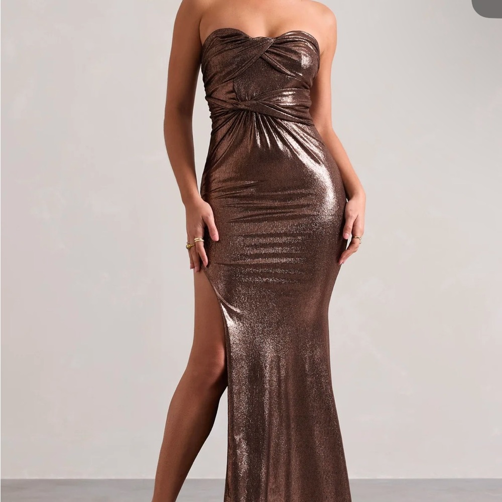 Elegant Strapless Metallic Brown Dress